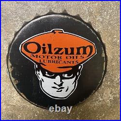 VINTAGE Oilzum Motor Oil Porcelain Metal Sign Black Orange Bottle Cap 7x1 RARE