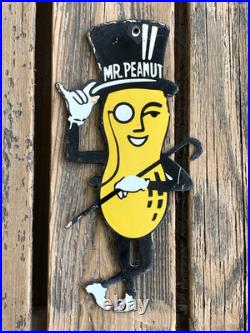 VINTAGE PLANTERS MR. PEANUT 12x6 MOTOR OIL GAS PUMP PLATE PORCELAIN SIGN