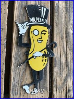VINTAGE PLANTERS MR. PEANUT 12x6 MOTOR OIL GAS PUMP PLATE PORCELAIN SIGN