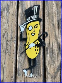VINTAGE PLANTERS MR. PEANUT 12x6 MOTOR OIL GAS PUMP PLATE PORCELAIN SIGN