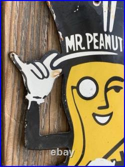 VINTAGE PLANTERS MR. PEANUT 12x6 MOTOR OIL GAS PUMP PLATE PORCELAIN SIGN
