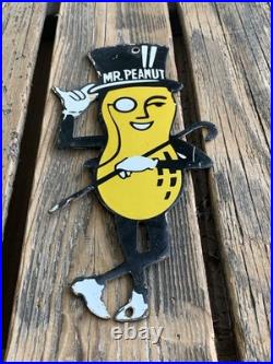 VINTAGE PLANTERS MR. PEANUT 12x6 MOTOR OIL GAS PUMP PLATE PORCELAIN SIGN