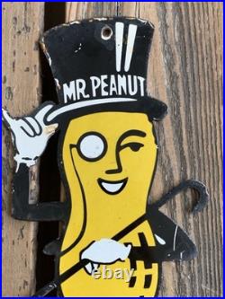 VINTAGE PLANTERS MR. PEANUT 12x6 MOTOR OIL GAS PUMP PLATE PORCELAIN SIGN