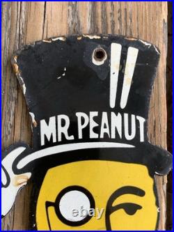 VINTAGE PLANTERS MR. PEANUT 12x6 MOTOR OIL GAS PUMP PLATE PORCELAIN SIGN