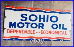 VINTAGE PORCELAIN ENAMEL SOHIO MOTOR OIL DEPENDABLE ECONOMICAL 48 x 24 SIGN