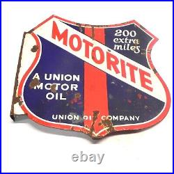 VINTAGE UNION MOTOR OIL MOTORITE PORCELAIN SIGN DOUBLE SIDED With FLANGE USED VINTAGE UNION MOTOR OIL MOTORITE PORCELAIN SIGN DOUBLE SIDED With FLANGE USED