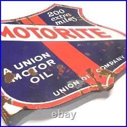 VINTAGE UNION MOTOR OIL MOTORITE PORCELAIN SIGN DOUBLE SIDED With FLANGE USED VINTAGE UNION MOTOR OIL MOTORITE PORCELAIN SIGN DOUBLE SIDED With FLANGE USED