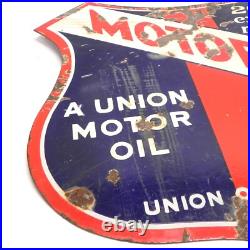 VINTAGE UNION MOTOR OIL MOTORITE PORCELAIN SIGN DOUBLE SIDED With FLANGE USED VINTAGE UNION MOTOR OIL MOTORITE PORCELAIN SIGN DOUBLE SIDED With FLANGE USED