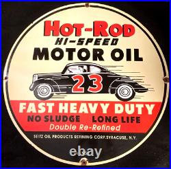 Vintag Art HOT ROD HI-SPEED MOTOR OIL PORCELAIN ENAMEL SIGN Rare Advertising 30