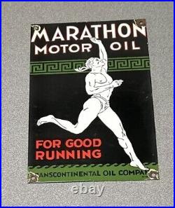 Vintage 12 Marathon Motor Oil Gasoline Porcelain Sign Car Gas Auto Oil