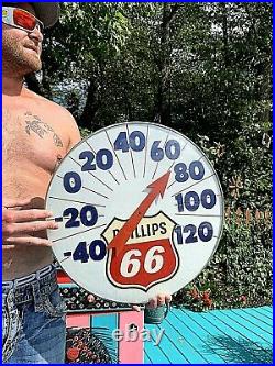 Vintage 18in Round Glass Phillips 66 Motor Oil Gas Thermometer Sign Works