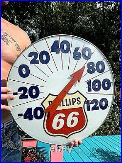 Vintage 18in Round Glass Phillips 66 Motor Oil Gas Thermometer Sign Works