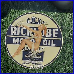 Vintage 1930 Rich Lube Pure Pennsylvania Motor Oil Porcelain Enamel Sign