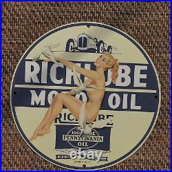 Vintage 1930 Rich Lube Pure Pennsylvania Motor Oil Porcelain Enamel Sign