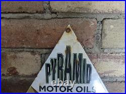 Vintage 1936 Pyramid Motor Oil Porcelain Gas Station Pump Sign 10