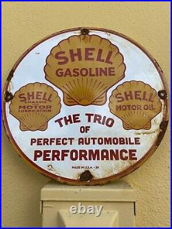 Vintage 1936 SHELL Porcelain Sign Metal gasoline TRIO LUBE Gas Old Motor Oil 12