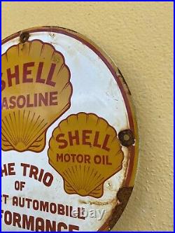 Vintage 1936 SHELL Porcelain Sign Metal gasoline TRIO LUBE Gas Old Motor Oil 12