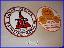 Vintage 1936 Shell & Texas Pacific Motor Oil & Gasoline Porcelain Metal Sign Lot