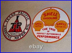 Vintage 1936 Shell & Texas Pacific Motor Oil & Gasoline Porcelain Metal Sign Lot