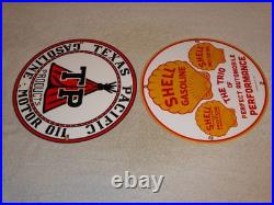 Vintage 1936 Shell & Texas Pacific Motor Oil & Gasoline Porcelain Metal Sign Lot