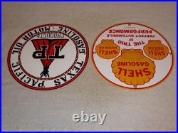 Vintage 1936 Shell & Texas Pacific Motor Oil & Gasoline Porcelain Metal Sign Lot