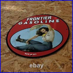 Vintage 1937 Frontier Gasoline Gas Synthetic Motor Oil Porcelain Gas & Oil Sign