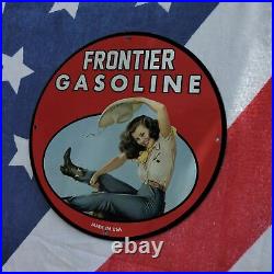 Vintage 1937 Frontier Gasoline Gas Synthetic Motor Oil Porcelain Gas & Oil Sign