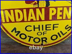 Vintage 1937 Indian Penn Chief Motor Oils Porcelain Gas Pump Sign Motor Oil 12