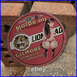 Vintage 1939 Gilmore Lionhead Motor Oil Porcelain Gas Oil 4.5 Sign