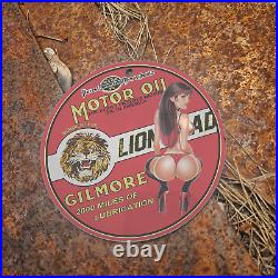 Vintage 1939 Gilmore Lionhead Motor Oil Porcelain Gas Oil 4.5 Sign