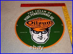 Vintage 1939 Oilzum Motor Oil & Lubricants 11 3/4 Porcelain Metal Gasoline Sign