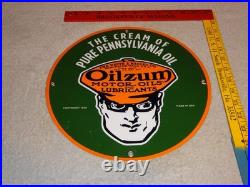 Vintage 1939 Oilzum Motor Oil & Lubricants 11 3/4 Porcelain Metal Gasoline Sign