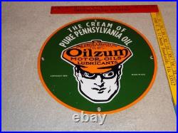 Vintage 1939 Oilzum Motor Oil & Lubricants 11 3/4 Porcelain Metal Gasoline Sign