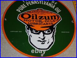Vintage 1939 Oilzum Motor Oil & Lubricants 11 3/4 Porcelain Metal Gasoline Sign