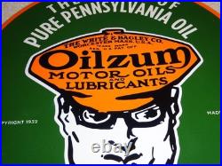 Vintage 1939 Oilzum Motor Oil & Lubricants 11 3/4 Porcelain Metal Gasoline Sign