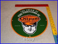 Vintage 1939 Oilzum Motor Oil & Lubricants 11 3/4 Porcelain Metal Gasoline Sign