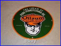 Vintage 1939 Oilzum Motor Oil & Lubricants 11 3/4 Porcelain Metal Gasoline Sign