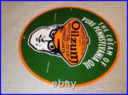 Vintage 1939 Oilzum Motor Oil & Lubricants 11 3/4 Porcelain Metal Gasoline Sign