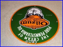 Vintage 1939 Oilzum Motor Oil & Lubricants 11 3/4 Porcelain Metal Gasoline Sign