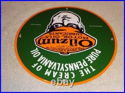 Vintage 1939 Oilzum Motor Oil & Lubricants 11 3/4 Porcelain Metal Gasoline Sign