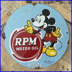 Vintage 1939 RPM Motor Oil Disney Mickey Mouse 8x12 Inches Porcelain Enamel Sign