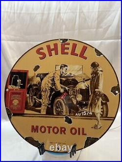 Vintage 1939 Shell Motor Oil Porcelain Metal Gas Pump Sign Gasoline