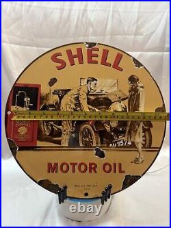 Vintage 1939 Shell Motor Oil Porcelain Metal Gas Pump Sign Gasoline