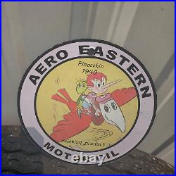Vintage 1940 Aero Eastern Motor Oil Pinocchio Porcelain Gas Oil 4.5 Sign
