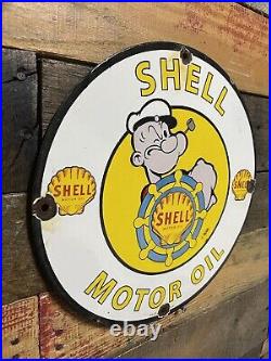 Vintage 1941 Shell Porcelain Sign Popeye Sailor Gas Station Motor Oil Pump Plate