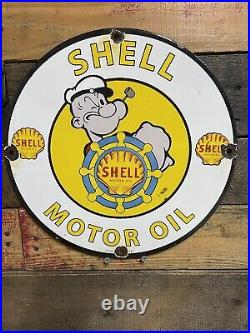 Vintage 1941 Shell Porcelain Sign Popeye Sailor Gas Station Motor Oil Pump Plate
