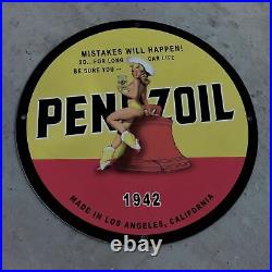 Vintage 1942 Penzoil Motor Engine Oil Lubricants Porcelain Gas & Oil Pump Sign