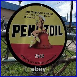 Vintage 1942 Penzoil Motor Engine Oil Lubricants Porcelain Gas & Oil Pump Sign