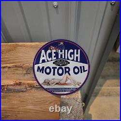 Vintage 1946 Ace High Motor Oil By Midwest Oil Co. Porcelain Gas Oil 4.5 Sign