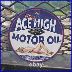 Vintage 1946 Ace High Motor Oil By Midwest Oil Co. Porcelain Gas Oil 4.5 Sign